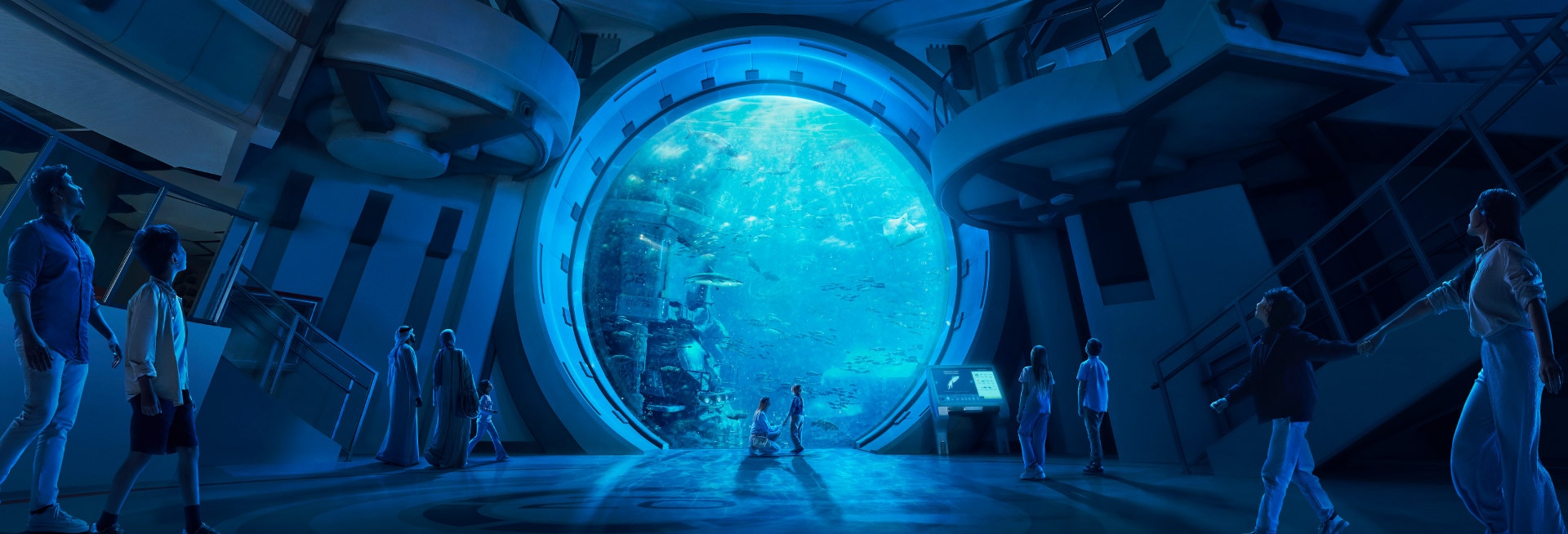 The circular aquarium observation deck inside SeaWorld Abu Dhabi’s Endless Ocean realm