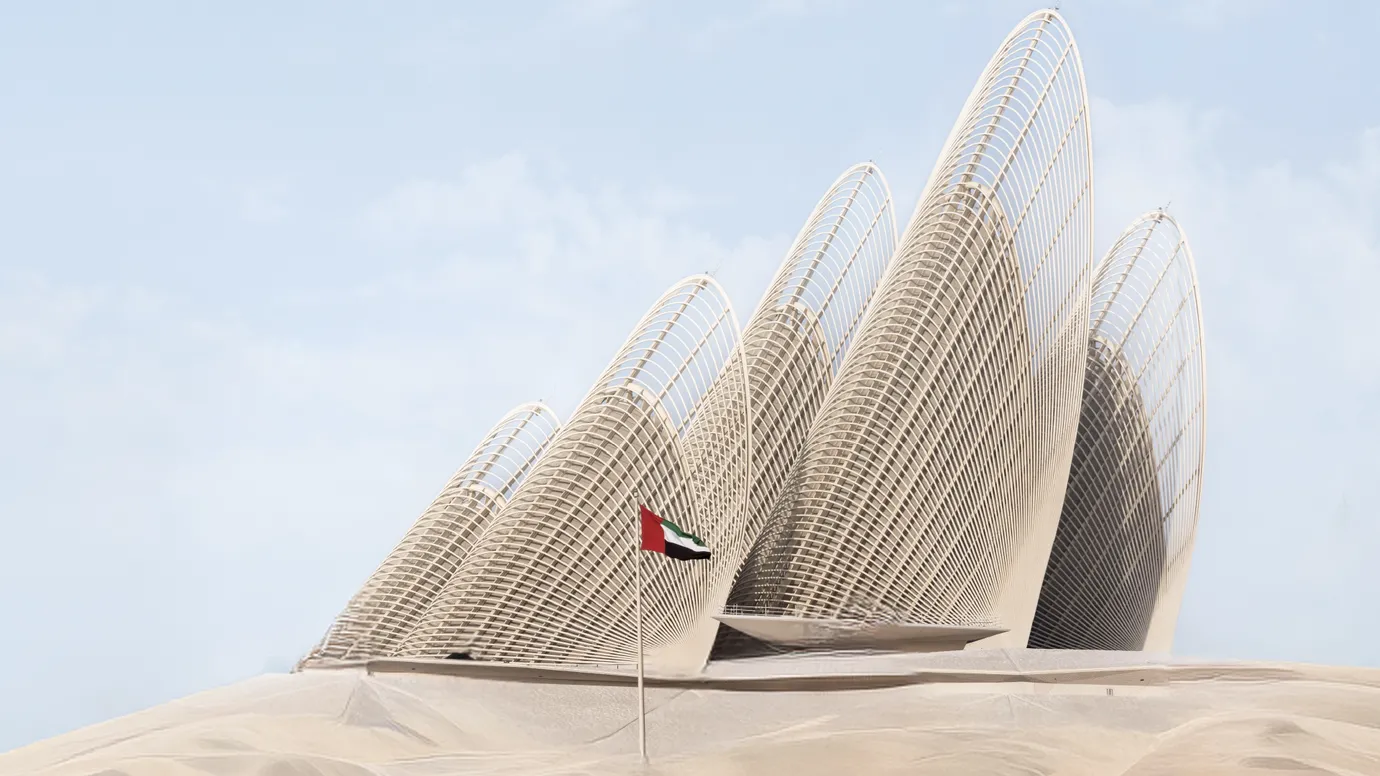 Zayed National Museum with its distinctive falcon-wing towers
